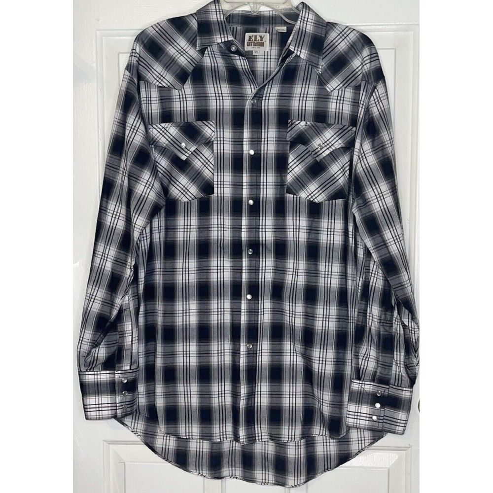 Ely Cattleman Shirt Mens XL Black White Long Sleeve Pearl Snap Plaid Western EUC